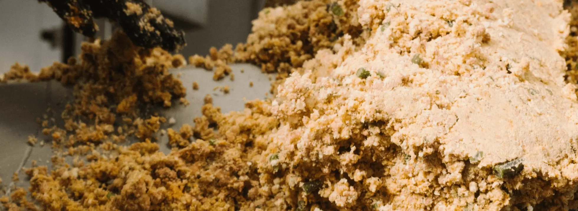 Close-up of golden cooked cat food crumbs piled on a counter